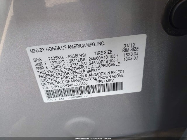 Aukcja sprzedaży 2019 Acura Mdx Standard, vin: 5J8YD3H34KL008306, numer aukcji: 44658689