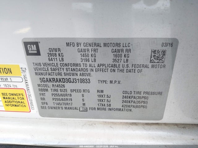 Продаж на аукціоні авто 2016 Buick Enclave Convenience, vin: 5GAKRAKD3GJ310833, номер лоту: 44658691