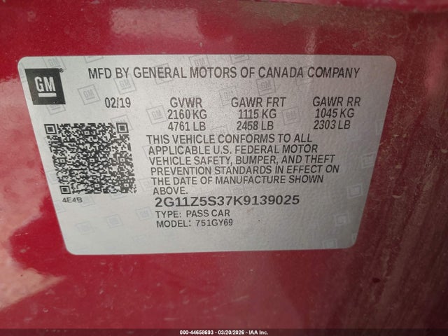 Auction sale of the 2019 Chevrolet Impala Lt, vin: 2G11Z5S37K9139025, lot number: 44658693