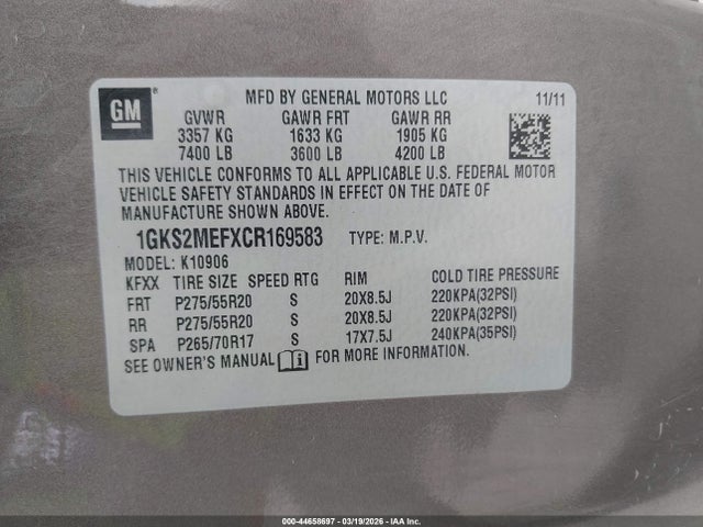 Продаж на аукціоні авто 2012 Gmc Yukon Xl 1500 Denali, vin: 1GKS2MEFXCR169583, номер лоту: 44658697
