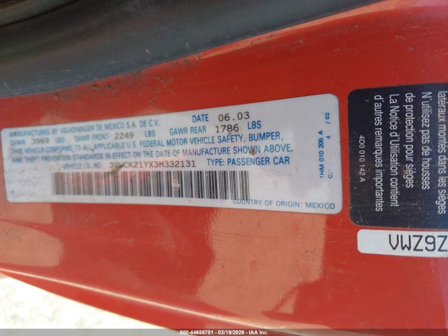 Продаж на аукціоні авто 2003 Volkswagen New Beetle Gls, vin: 3VWCK21YX3M332131, номер лоту: 44658701