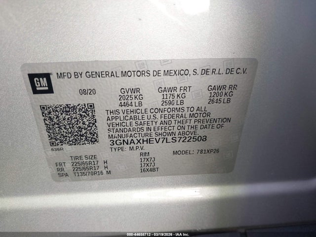 Aukcja sprzedaży 2020 Chevrolet Equinox Fwd Ls, vin: 3GNAXHEV7LS722508, numer aukcji: 44658712