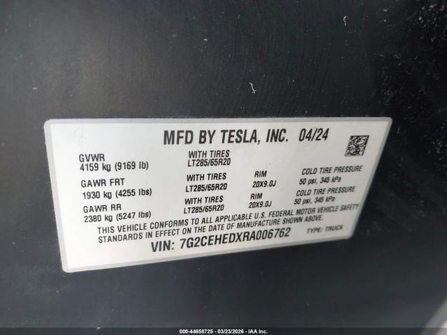 Aukcja sprzedaży 2024 Tesla Cybertruck, vin: 7G2CEHEDXRA006762, numer aukcji: 44658725