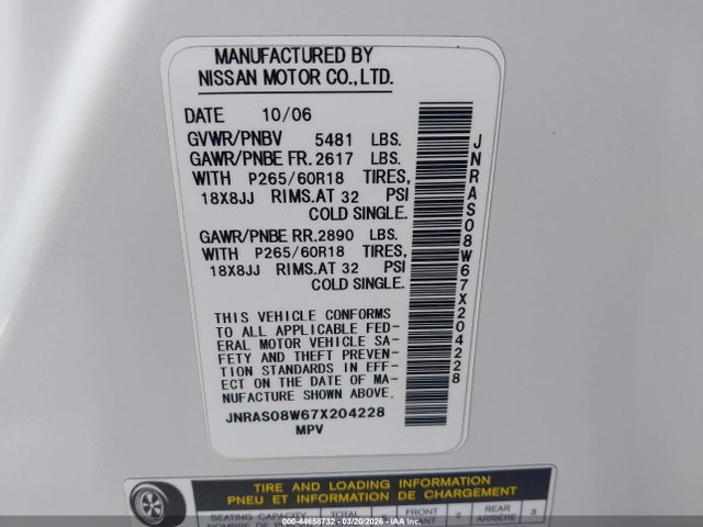 44658732 :رقم المزاد ، JNRAS08W67X204228 vin ، 2007 Infiniti Fx35 مزاد بيع