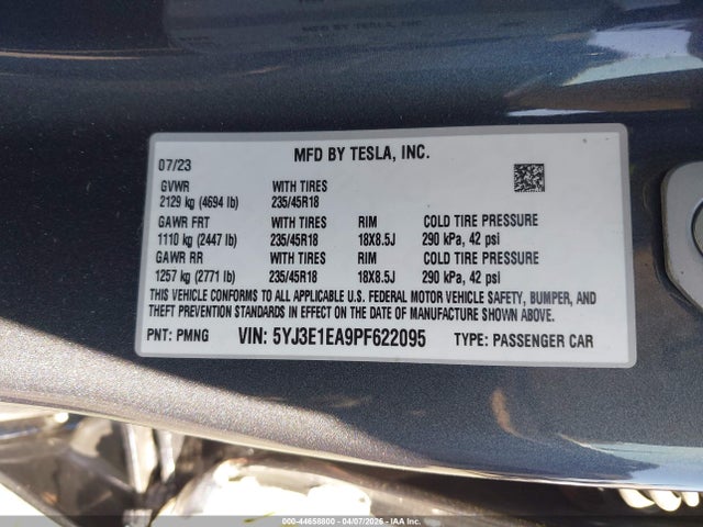 2023 Tesla Model 3 Rear-wheel Drive მანქანა იყიდება აუქციონზე, vin: 5YJ3E1EA9PF622095, აუქციონის ნომერი: 44658800