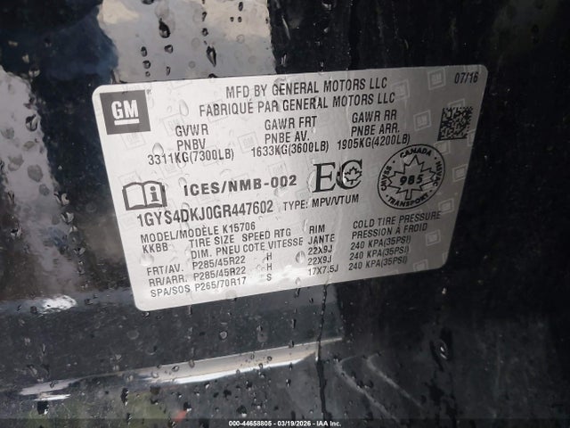 Продаж на аукціоні авто 2016 Cadillac Escalade Platinum, vin: 1GYS4DKJ0GR447602, номер лоту: 44658805