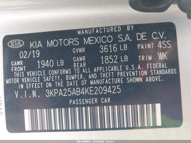 3KPA25AB4KE209425 KIA Rio 5-door S