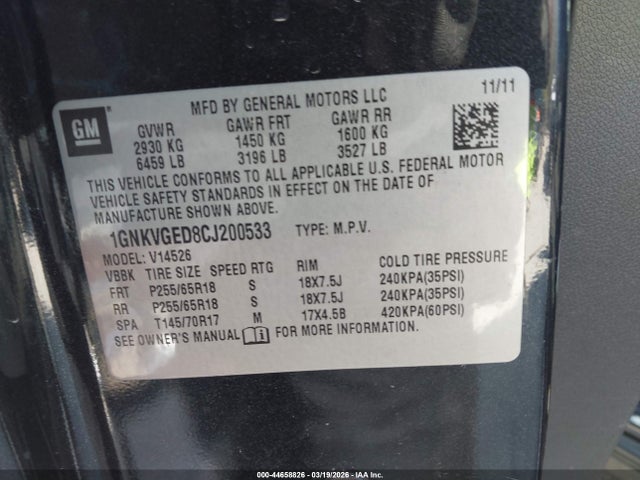 Aukcja sprzedaży 2012 Chevrolet Traverse 1lt, vin: 1GNKVGED8CJ200533, numer aukcji: 44658826