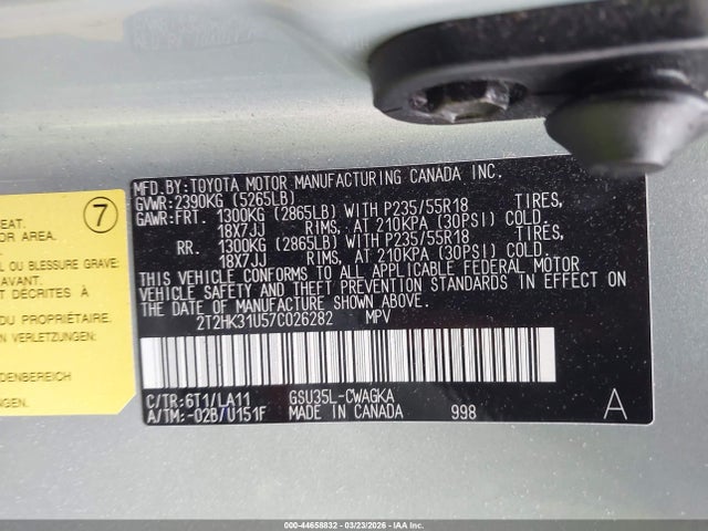 44658832 :رقم المزاد ، 2T2HK31U57C026282 vin ، 2007 Lexus Rx 350 مزاد بيع