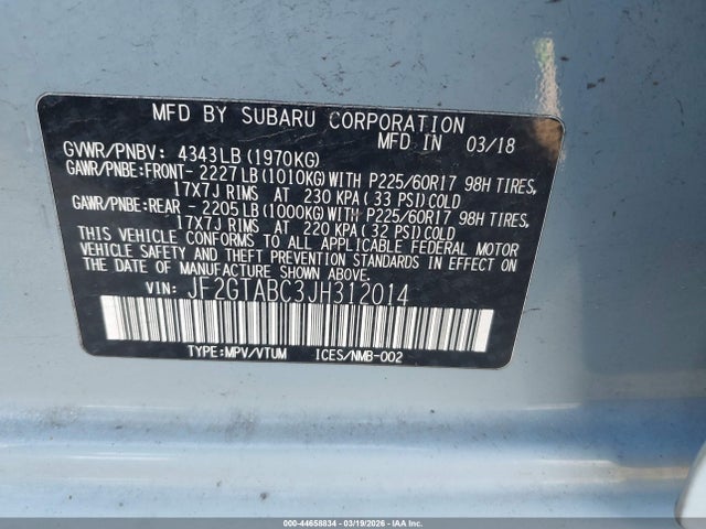 2018 Subaru Crosstrek 2.0i Premium მანქანა იყიდება აუქციონზე, vin: JF2GTABC3JH312014, აუქციონის ნომერი: 44658834