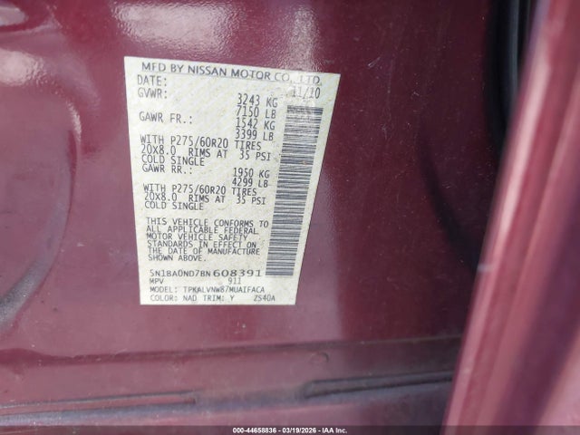 44658836 :رقم المزاد ، 5N1BA0ND7BN608391 vin ، 2011 Nissan Armada Platinum مزاد بيع