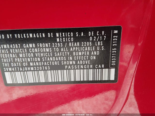 44658849 :رقم المزاد ، 3VW4T7AJ8HM320763 vin ، 2017 Volkswagen Jetta Gli مزاد بيع