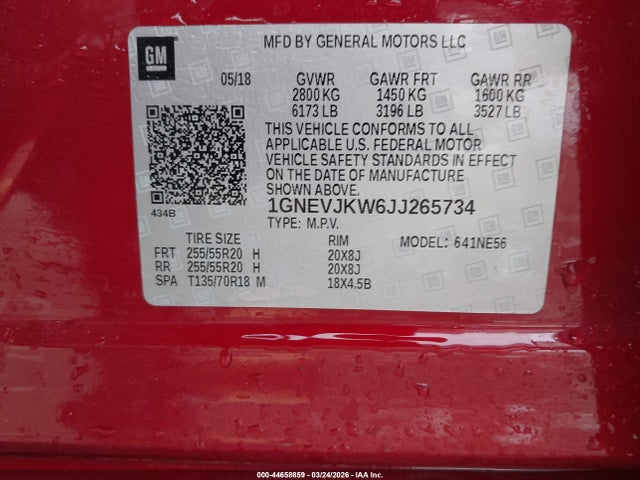 44658859 :رقم المزاد ، 1GNEVJKW6JJ265734 vin ، 2018 Chevrolet Traverse Premier مزاد بيع