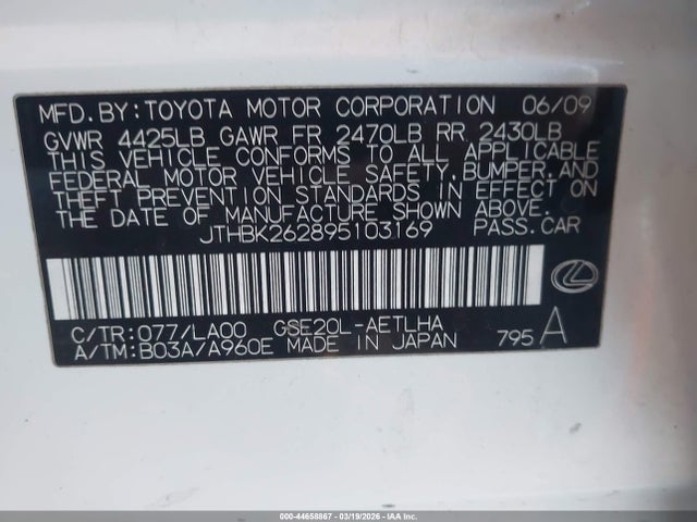 Aukcja sprzedaży 2009 Lexus Is 250, vin: JTHBK262895103169, numer aukcji: 44658867