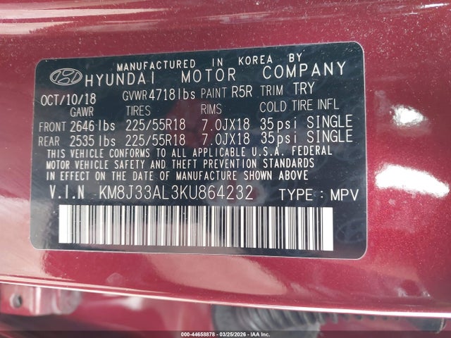 2019 HYUNDAI TUCSON KM8J33AL3KU864232 Photo 8