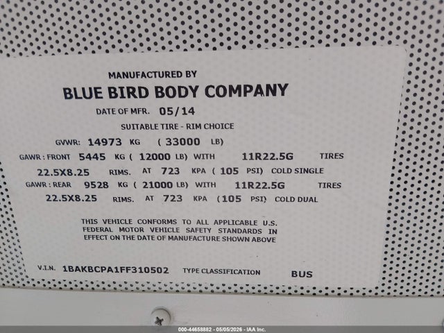 Blue Bird School Bus / Transit Bus 2015 1BAKBCPA1FF310502 Image 9