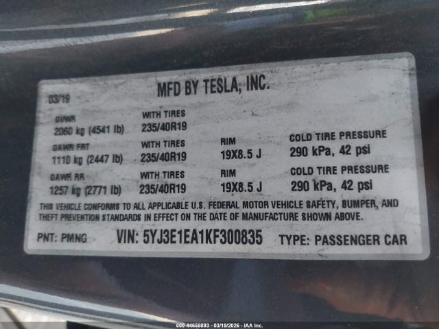 5YJ3E1EA1KF300835 Tesla Model 3 Long Range/mid Range/standard Range/standard Range Plus