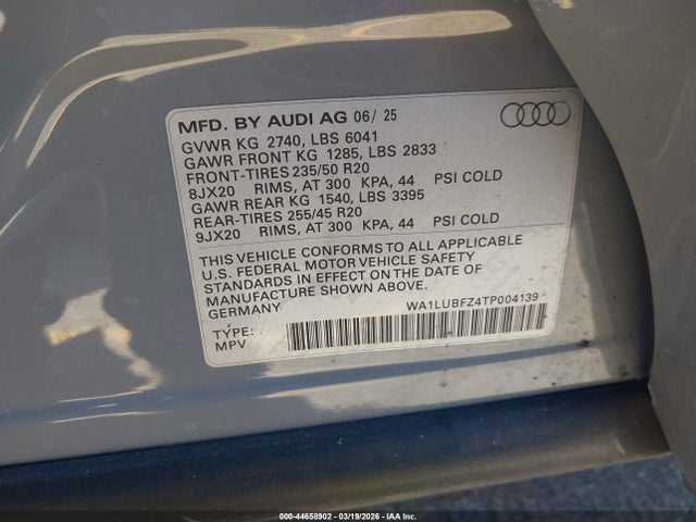 Продаж на аукціоні авто 2026 Audi Q4 E-tron Premium Plus 55 Quattro, vin: WA1LUBFZ4TP004139, номер лоту: 44658902