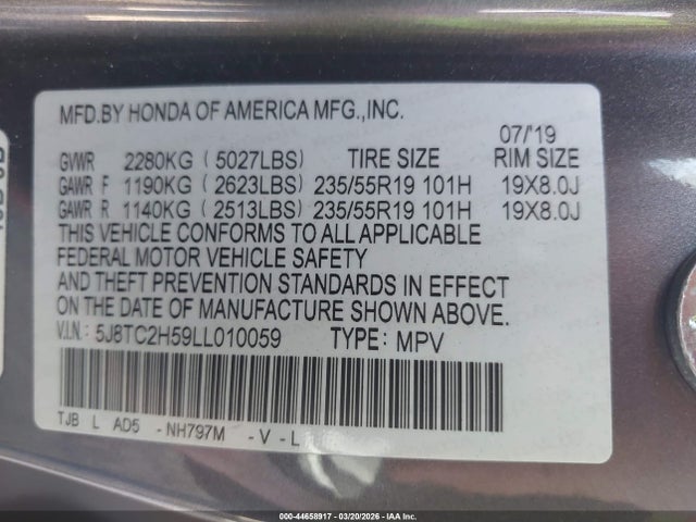 44658917 :رقم المزاد ، 5J8TC2H59LL010059 vin ، 2020 Acura Rdx Technology Package مزاد بيع