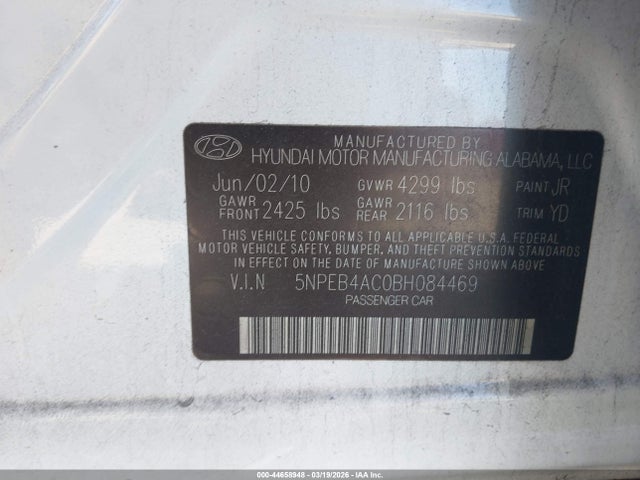 Aukcja sprzedaży 2011 Hyundai Sonata Gls, vin: 5NPEB4AC0BH084469, numer aukcji: 44658948