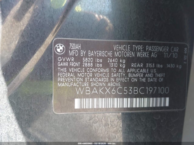Aukcja sprzedaży 2011 Bmw Activehybrid 750, vin: WBAKX6C53BC197100, numer aukcji: 44658965