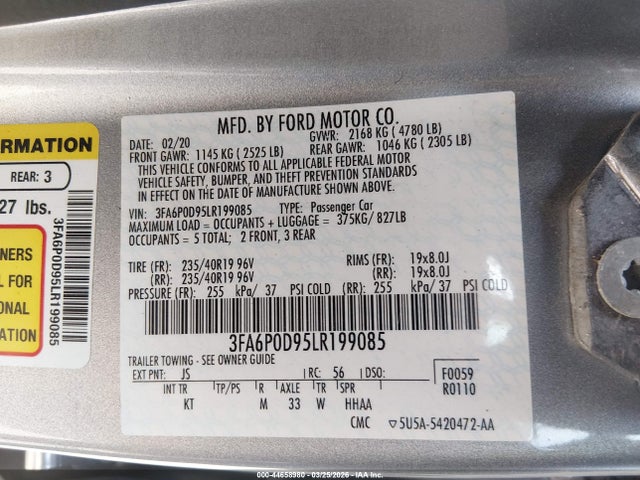 44658980 :رقم المزاد ، 3FA6P0D95LR199085 vin ، 2020 Ford Fusion Titanium مزاد بيع