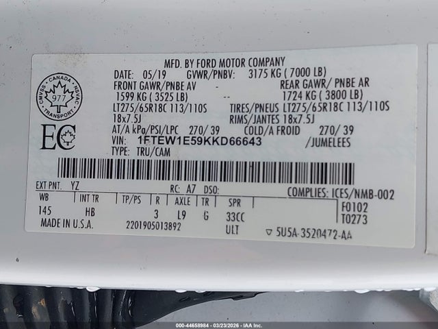 1FTEW1E59KKD66643 Ford F-150 Lariat