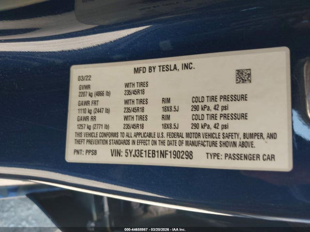 5YJ3E1EB1NF190298 Tesla Model 3 Long Range Dual Motor All-wheel Drive