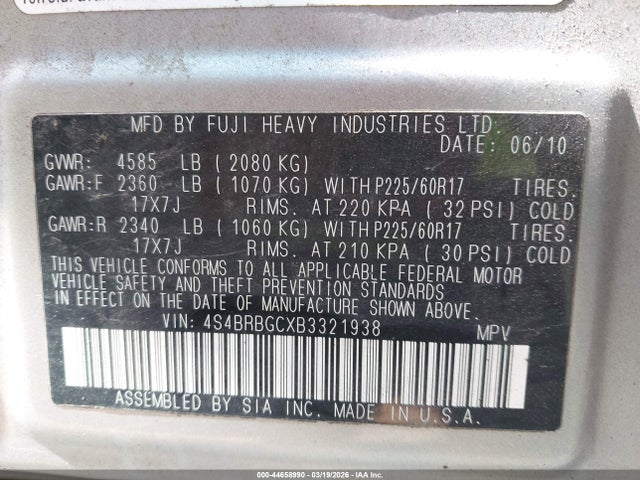Продаж на аукціоні авто 2011 Subaru Outback 2.5i Premium, vin: 4S4BRBGCXB3321938, номер лоту: 44658990