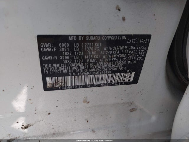 44658991 :رقم المزاد ، 4S4WMAFD6M3476493 vin ، 2021 Subaru Ascent Premium مزاد بيع