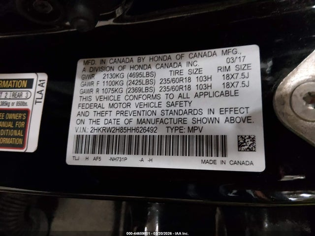 2HKRW2H85HH626492 Honda Cr-v Ex-l/ex-l Navi