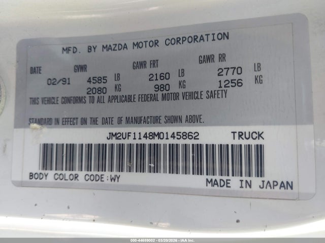 1991 Mazda B2600 Short Body მანქანა იყიდება აუქციონზე, vin: JM2UF1148M0145862, აუქციონის ნომერი: 44659002