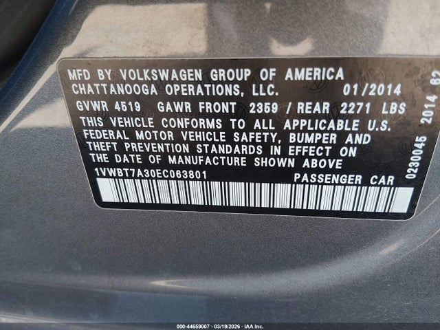 Volkswagen Passat 1.8t Se 2014 1VWBT7A30EC063801 Image 9