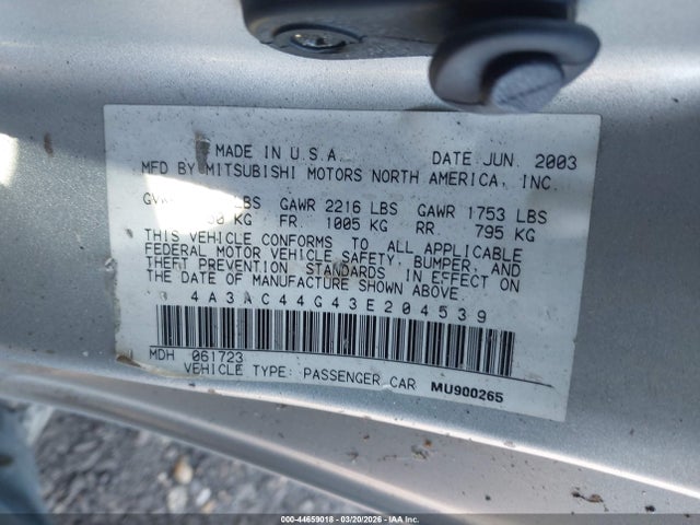 2003 MITSUBISHI ECLIPSE 4A3AC44G43E204539 Photo 8