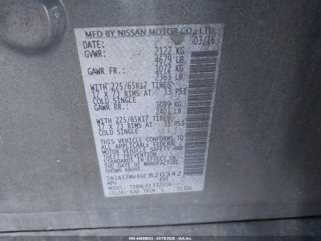 5N1AT2MV4GC820342 Nissan Rogue S/sl/sv