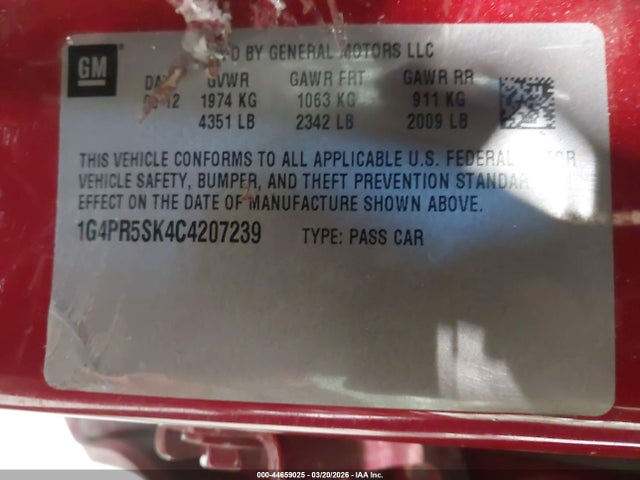Продаж на аукціоні авто 2012 Buick Verano Convenience Group, vin: 1G4PR5SK4C4207239, номер лоту: 44659025