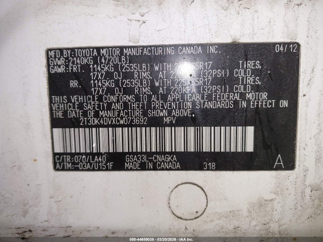 44659038 :رقم المزاد ، 2T3DK4DVXCW073692 vin ، 2012 Toyota Rav4 Limited V6 مزاد بيع