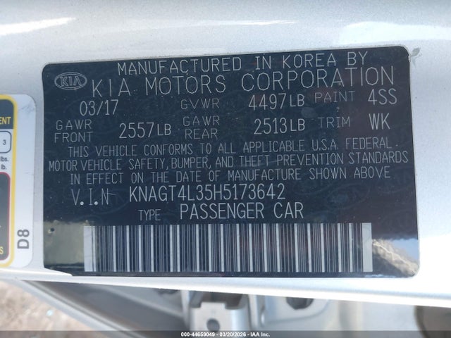 Продажа на аукционе авто 2017 Kia Optima Lx, vin: KNAGT4L35H5173642, номер лота: 44659049