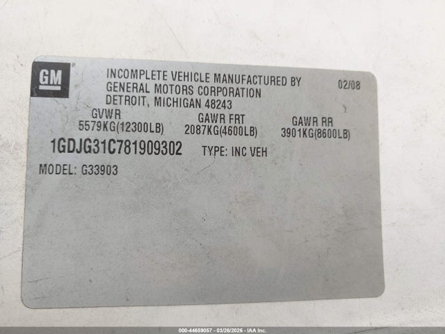 44659057 :رقم المزاد ، 1GDJG31C781909302 vin ، 2008 Gmc Savana G3500 مزاد بيع