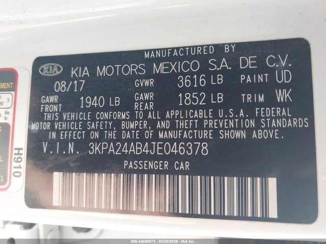 Продаж на аукціоні авто 2018 Kia Rio S, vin: 3KPA24AB4JE046378, номер лоту: 44659073