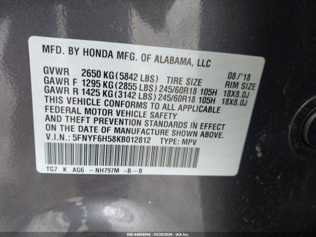 Продажа на аукционе авто 2019 Honda Pilot Ex-l, vin: 5FNYF6H58KB012812, номер лота: 44659086
