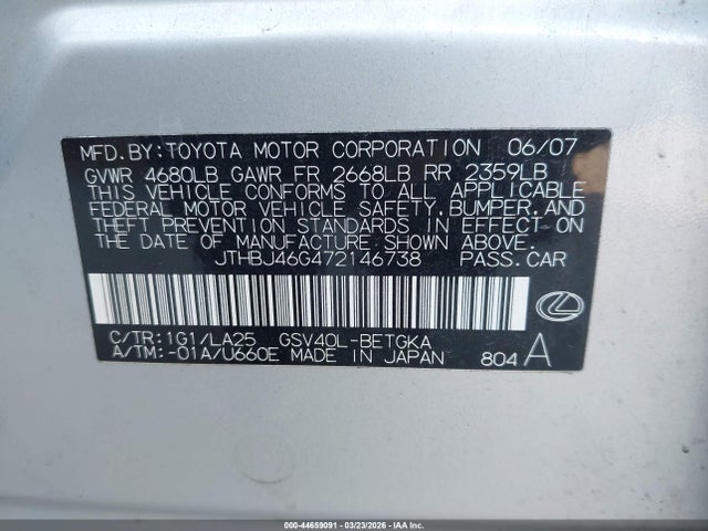 44659091 :رقم المزاد ، JTHBJ46G472146738 vin ، 2007 Lexus Es 350 مزاد بيع