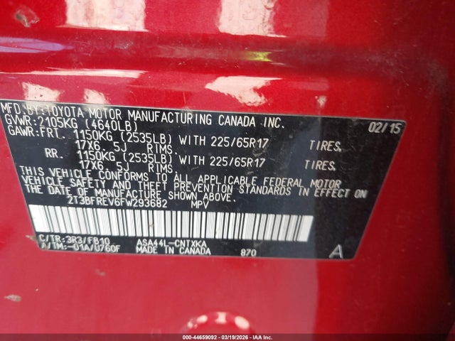 2T3BFREV6FW293682 Toyota RAV4 LE