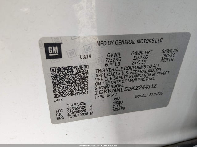 44659095 :رقم المزاد ، 1GKKNNLS2KZ244112 vin ، 2019 Gmc Acadia Slt-2 مزاد بيع