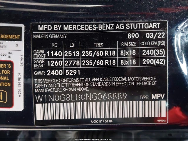 2022 Mercedes-benz Glc 300 4matic Suv მანქანა იყიდება აუქციონზე, vin: W1N0G8EB0NG068889, აუქციონის ნომერი: 44659100