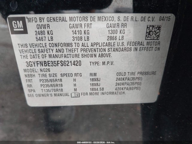 Продажа на аукционе авто 2015 Cadillac Srx Luxury Collection, vin: 3GYFNBE35FS621420, номер лота: 44659103