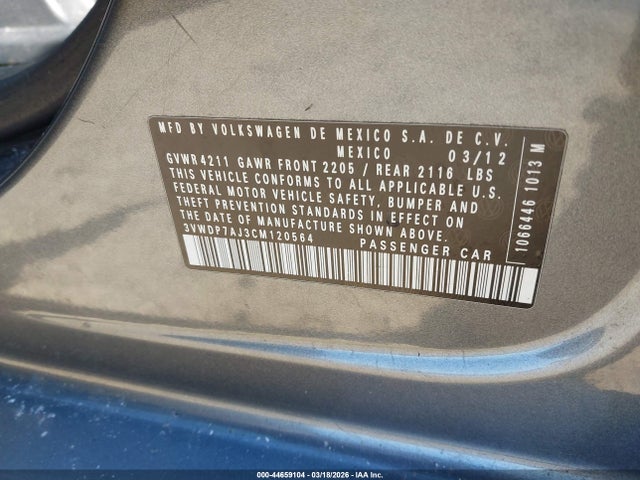 44659104 :رقم المزاد ، 3VWDP7AJ3CM120564 vin ، 2012 Volkswagen Jetta 2.5l Se مزاد بيع