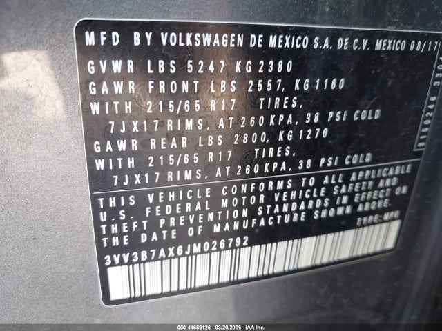 44659126 :رقم المزاد ، 3VV3B7AX6JM026792 vin ، 2018 Volkswagen Tiguan 2.0t Se/2.0t Sel مزاد بيع