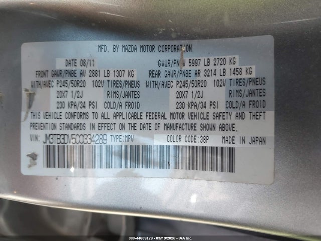 2012 Mazda Cx-9 Grand Touring მანქანა იყიდება აუქციონზე, vin: JM3TB3DV5C0334289, აუქციონის ნომერი: 44659129
