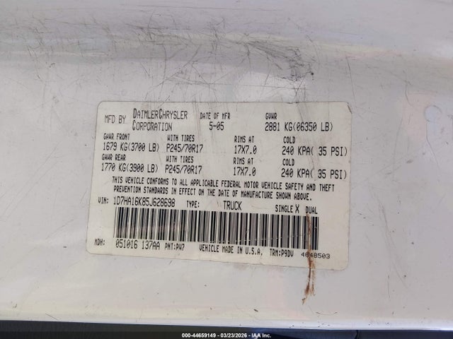 Aukcja sprzedaży 2005 Dodge Ram 1500 St, vin: 1D7HA16K85J628698, numer aukcji: 44659149